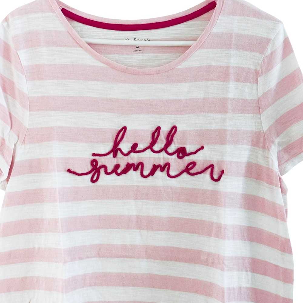 Kim Rogers Women's T-Shirt M Medium Pink White Striped Hello Summer Embroidered - Picture 6 of 10